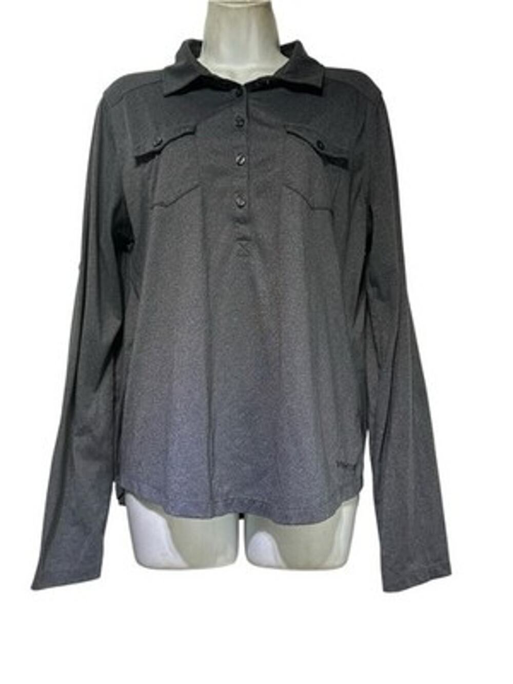 Marmot Women's Allie Polo Collared Shirt Blouse Gray Roll Tab Sleeve Size L